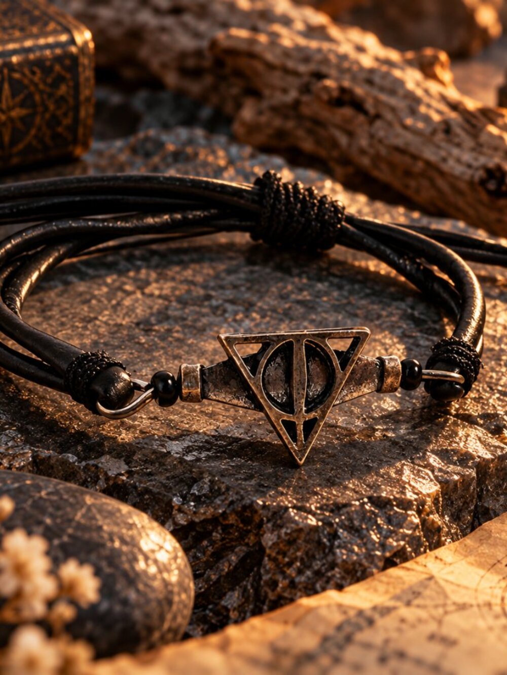 Harry Potter Deathly Hallows Black Cord Bracelet Silver Tone